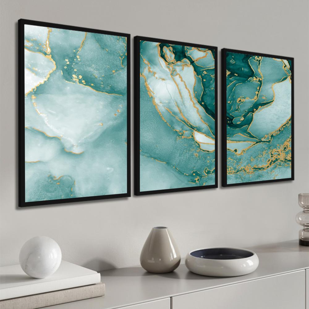 kit 3 quadro decorativo abstrato verde mámore dourado gold luxo 