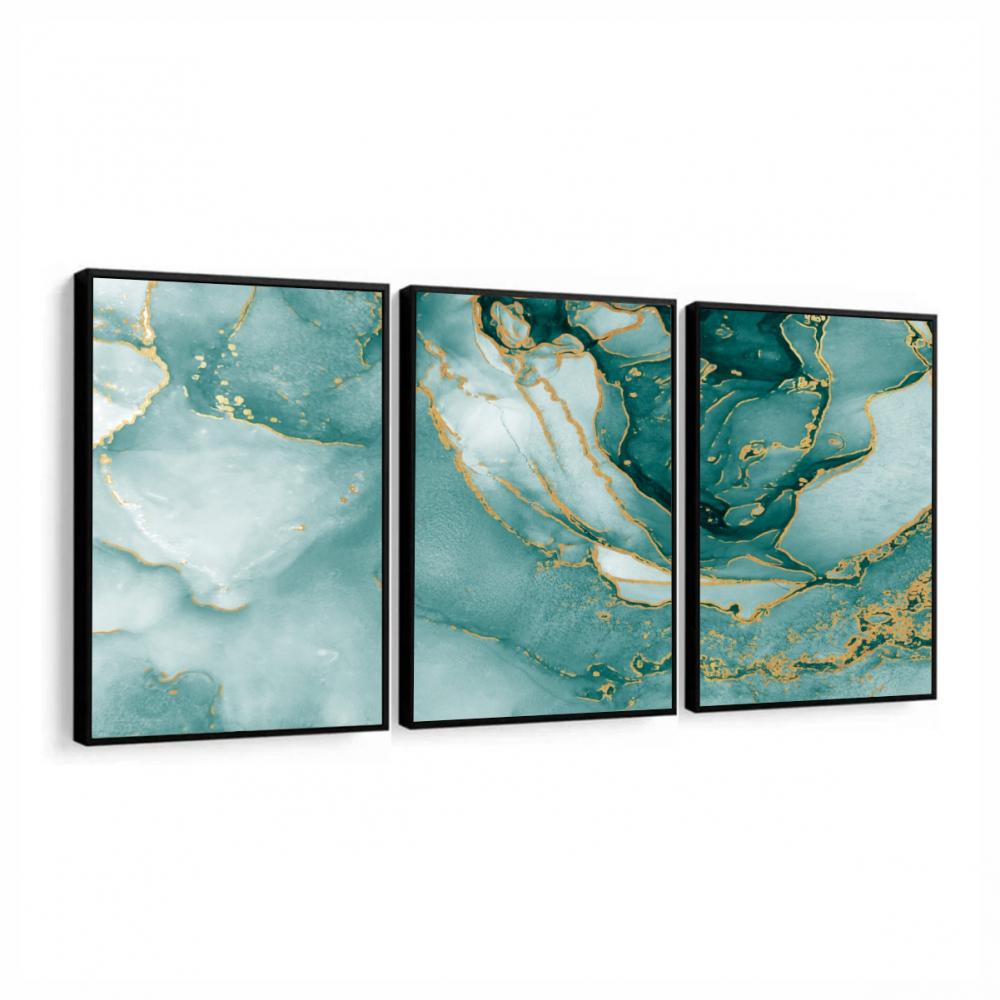 kit 3 quadro decorativo abstrato verde mámore dourado gold luxo 