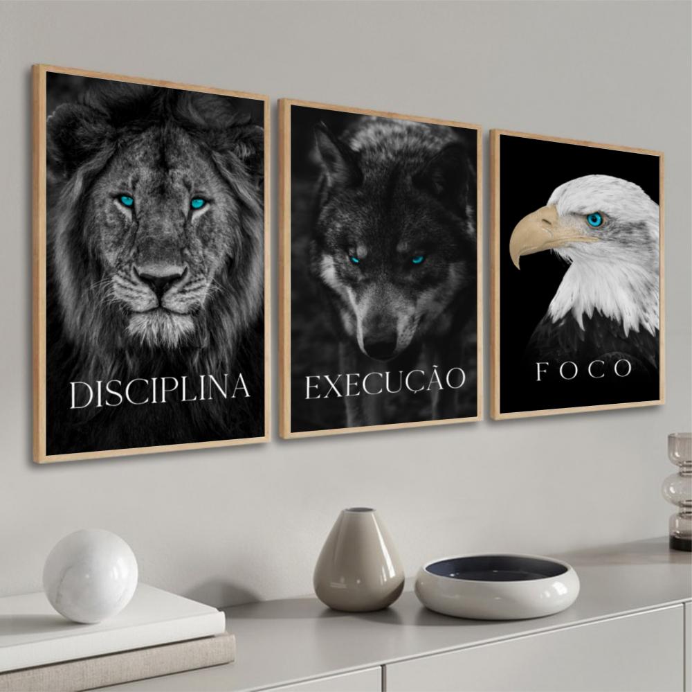 kit 3 quadro decorativo motivacional águia leão lobo empresa di