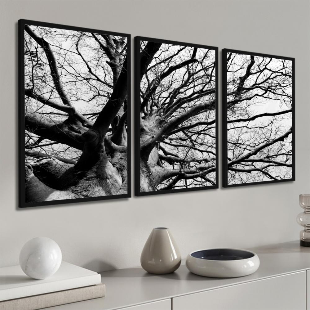 kit 3 quadro decorativo galhos preto e branco árvore gold luxo s