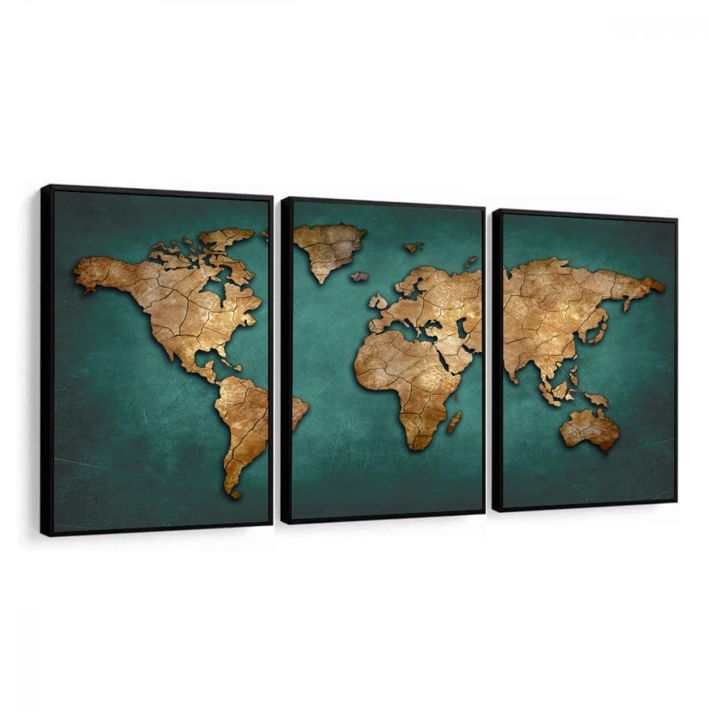 Kit 3 Quadro Decorativo Mapa Mundi Países dourado decor escritó