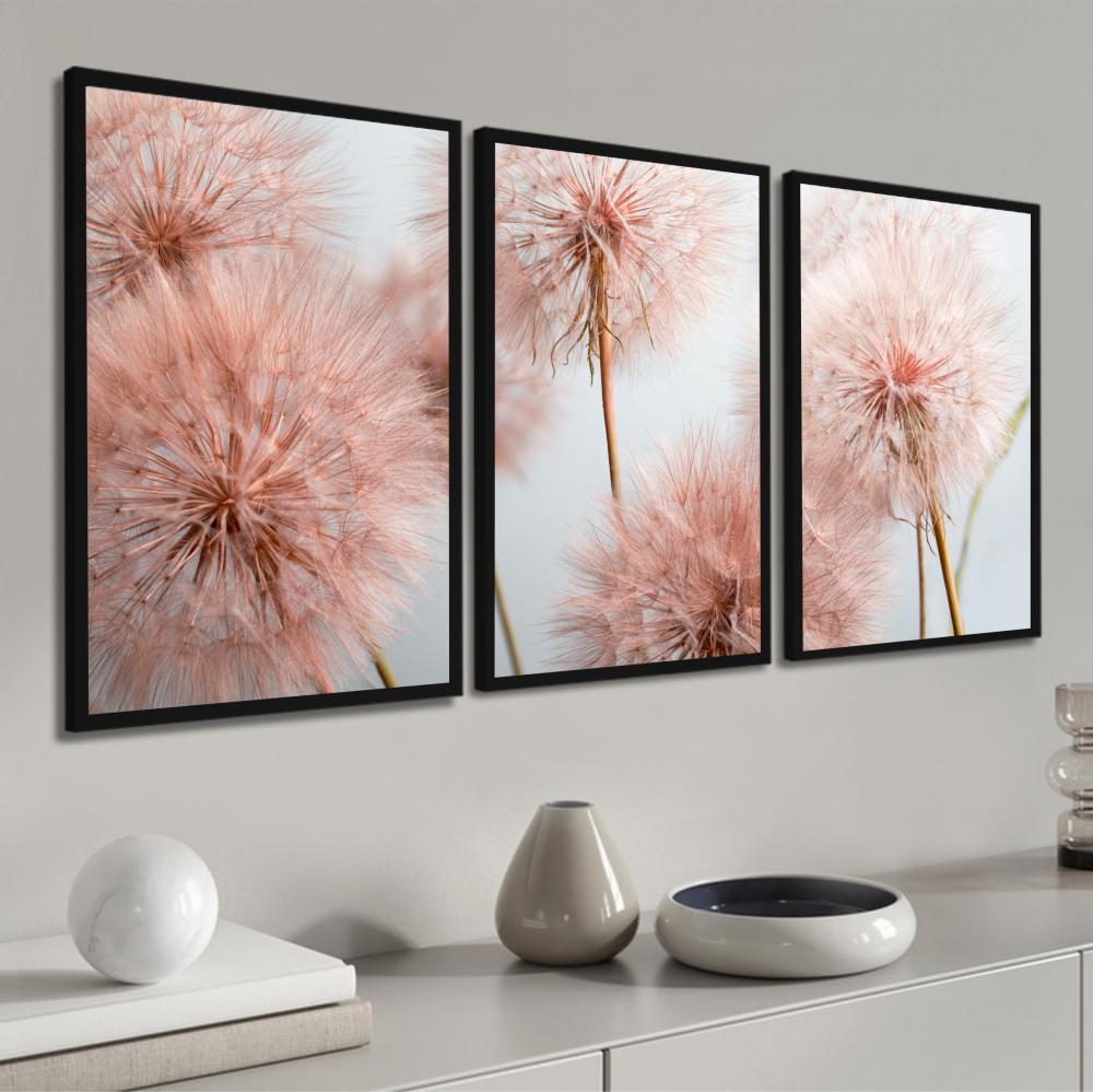 kit 3 quadro decorativo flor rosa dente de leão sala quarto deco