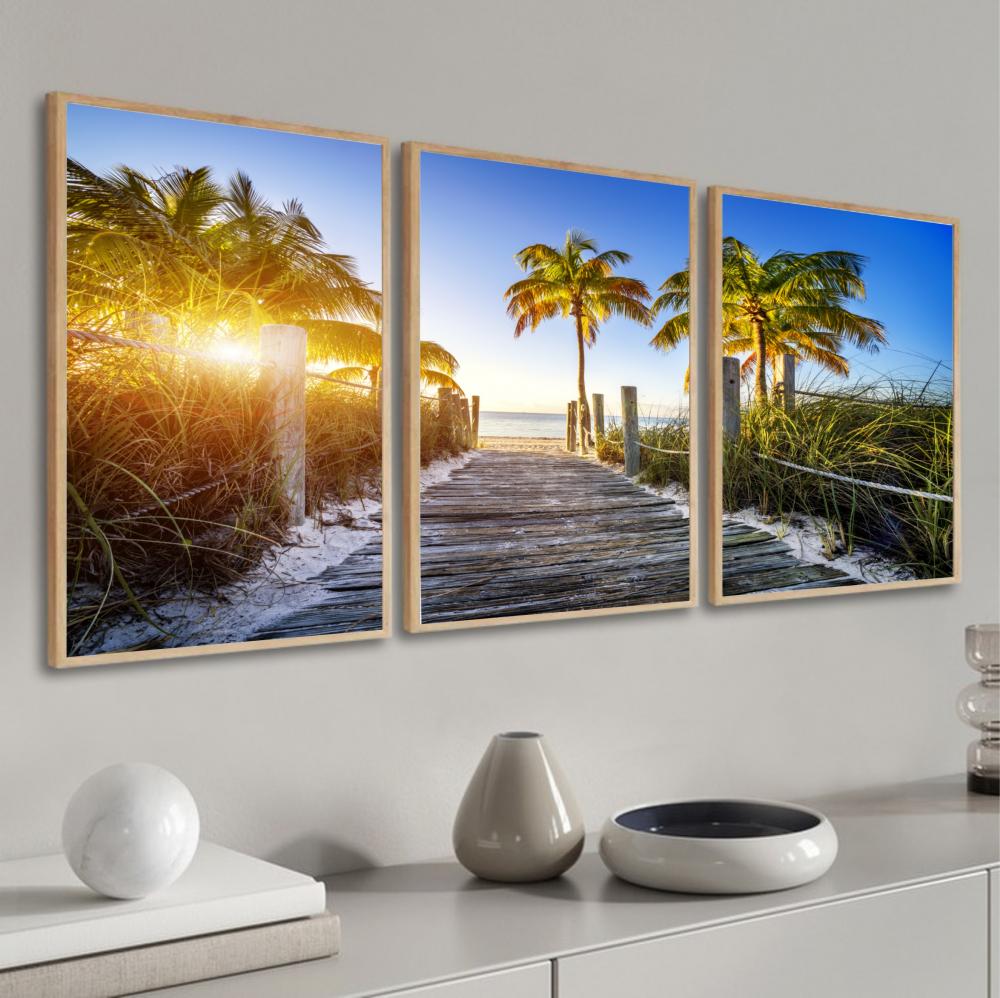 kit 3 quadro decorativo praia por do sol coqueiros quarto sala ha