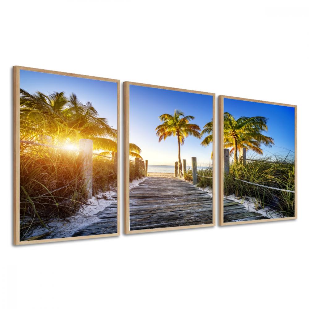 kit 3 quadro decorativo praia por do sol coqueiros quarto sala ha