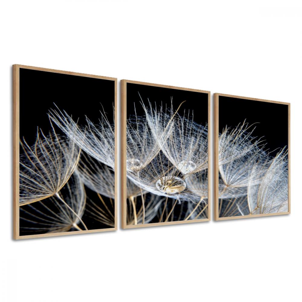 kit 3 quadro decorativo flores dente de leão preto e branco deco