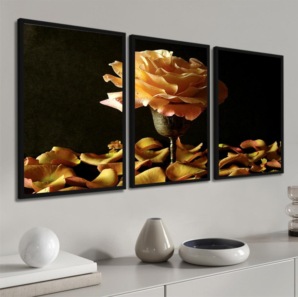 Quadro Decorativo Flor amarela douradas Sala com Moldura