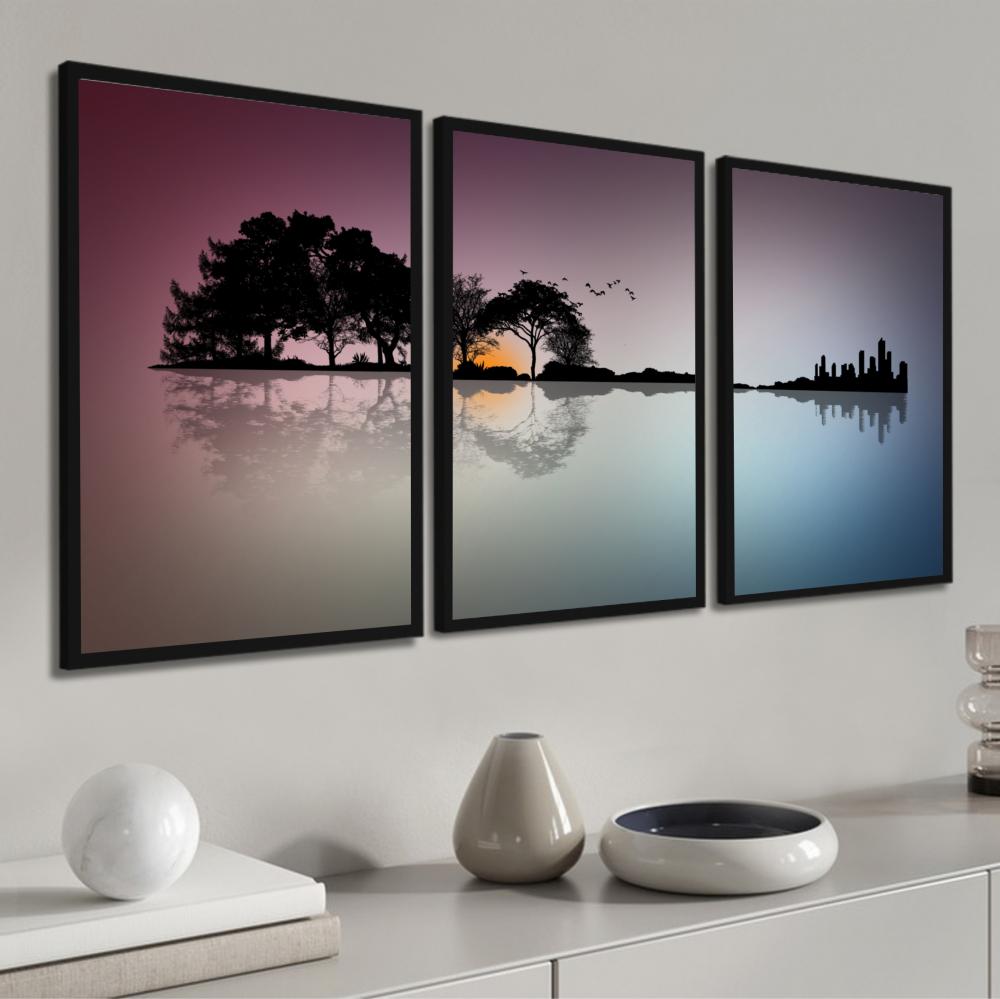 kit 3 quadro decorativo entardecer árvore natureza bosque sítio