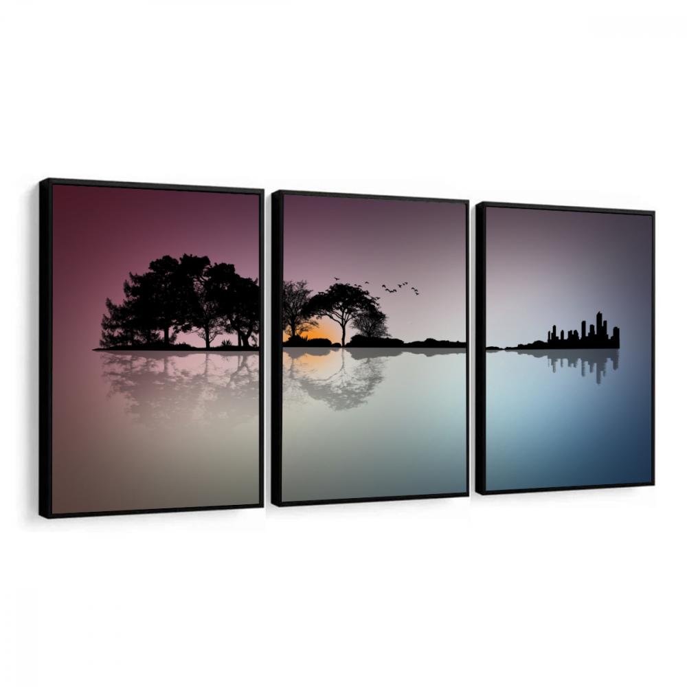 kit 3 quadro decorativo entardecer árvore natureza bosque sítio