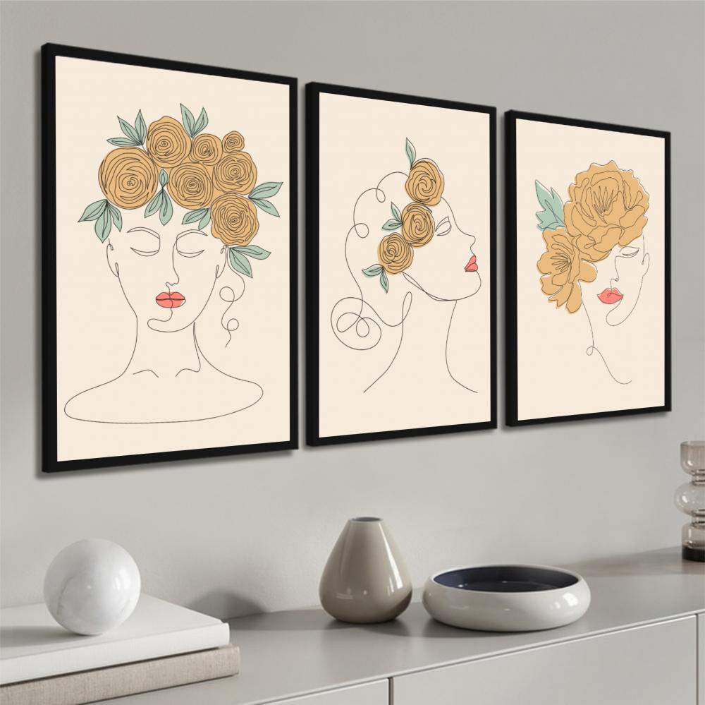 kit 3 quadro decorativo mulheres floridas flores fashion decor sa