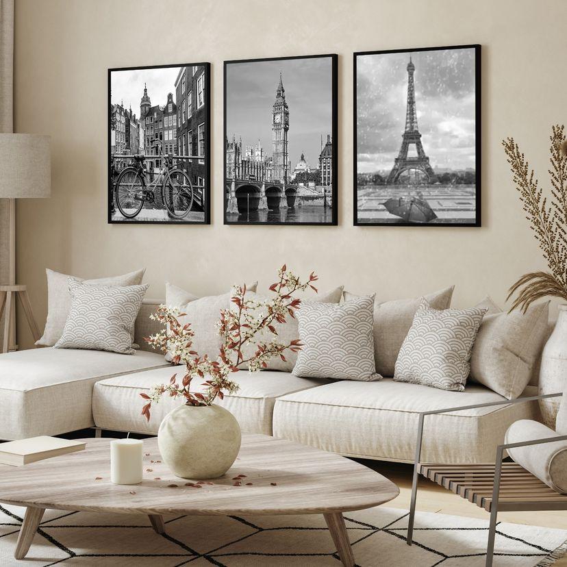 kit 3 quadro decorativo paris torre eiffel ruas de londres preto 