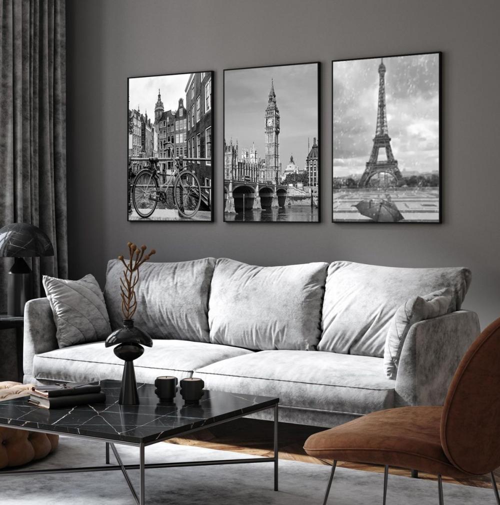 kit 3 quadro decorativo paris torre eiffel ruas de londres preto 
