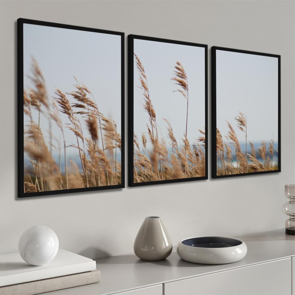 kit 3 quadro decorativo capim dos pampas galhos de trigo boho sal