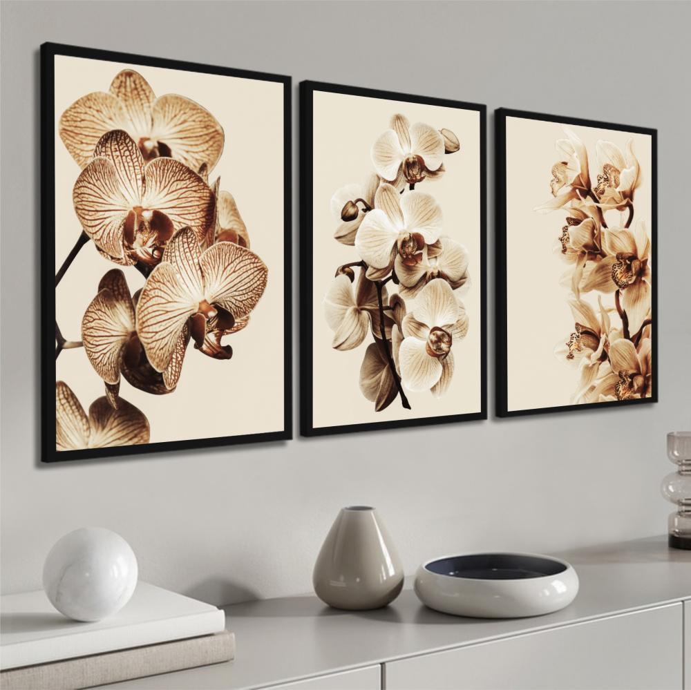 kit 3 quadro decorativo flores brancas retro orquideas sala quart