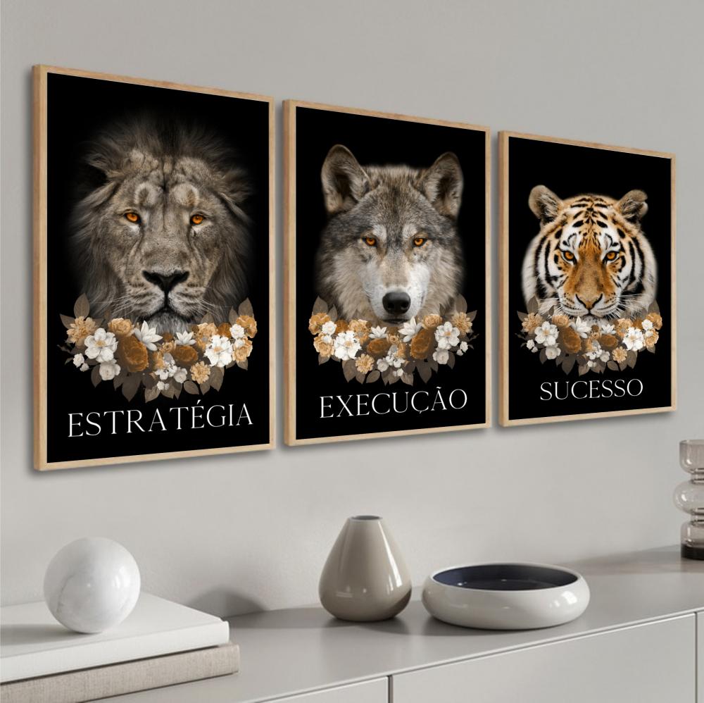 kit 3 quadro decorativo motivacional tigre leão lobo empresa dis