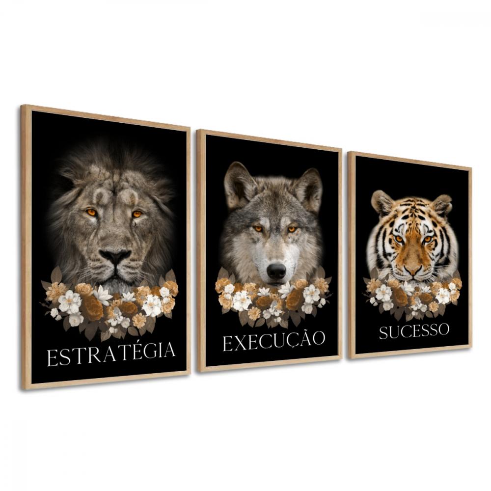 kit 3 quadro decorativo motivacional tigre leão lobo empresa dis