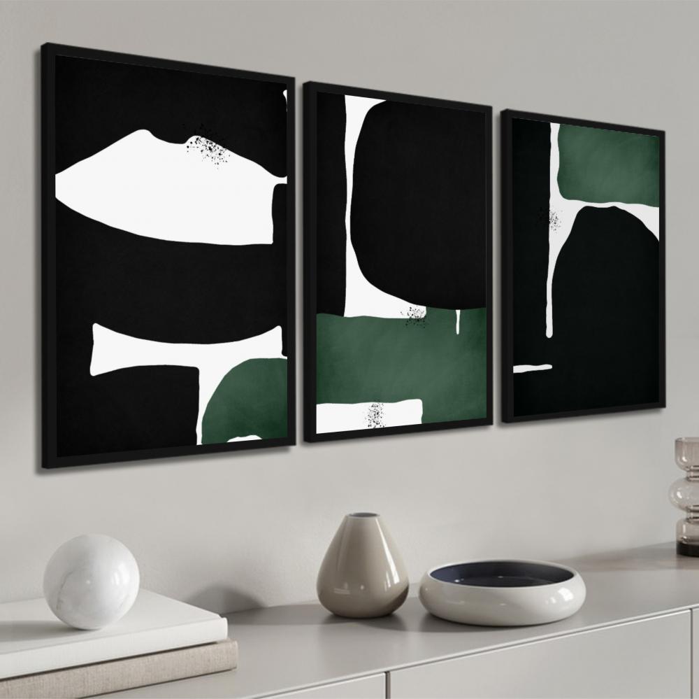 kit 3 quadro decorativo abstrato verde mámore preto  gold luxo s