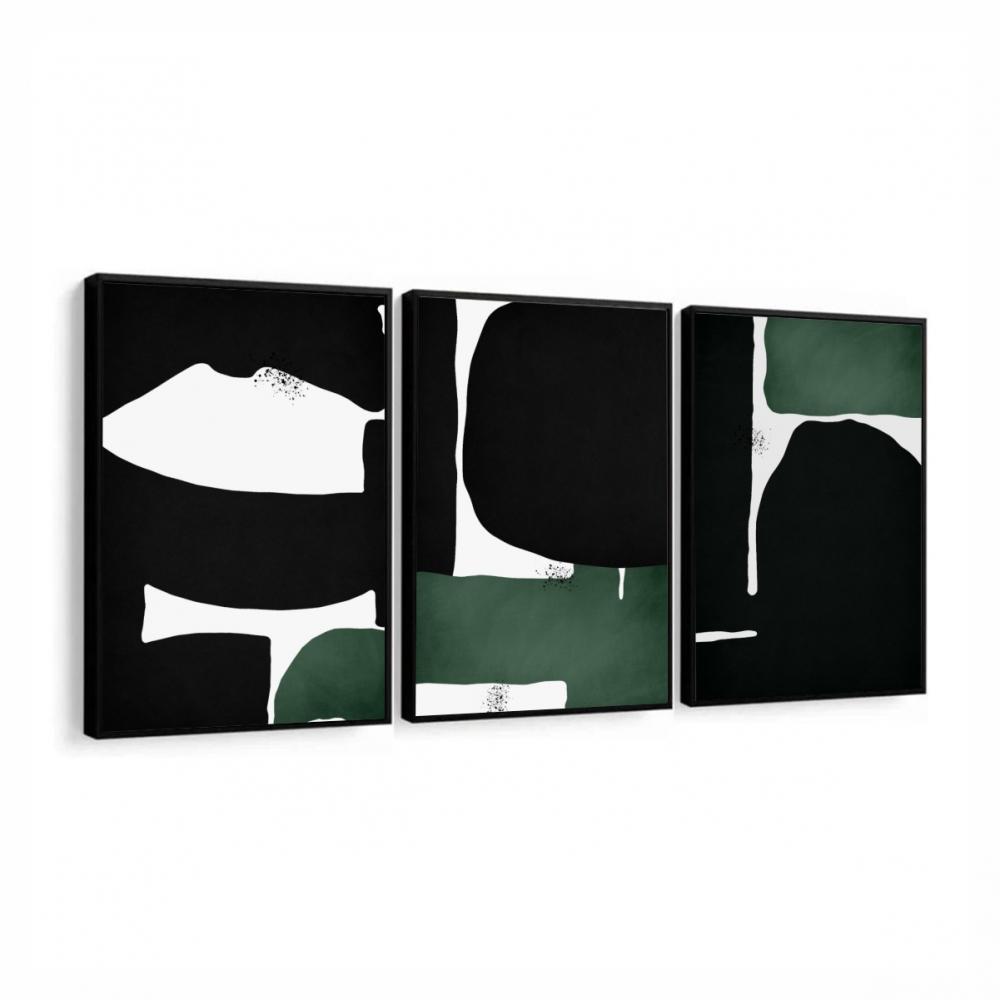 kit 3 quadro decorativo abstrato verde mámore preto  gold luxo s