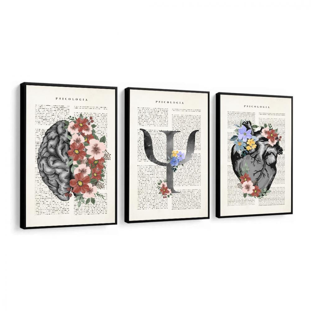 kit 3 quadro decorativo cunsultório de psicologia mente humana p