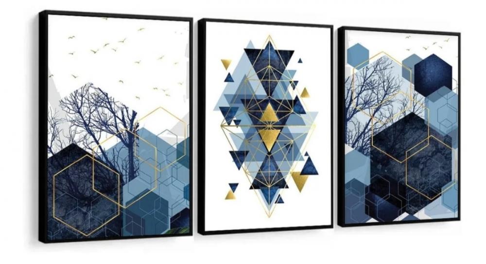 kit 3 quadro decorativo abstrato azul dourado gold luxo decor sal