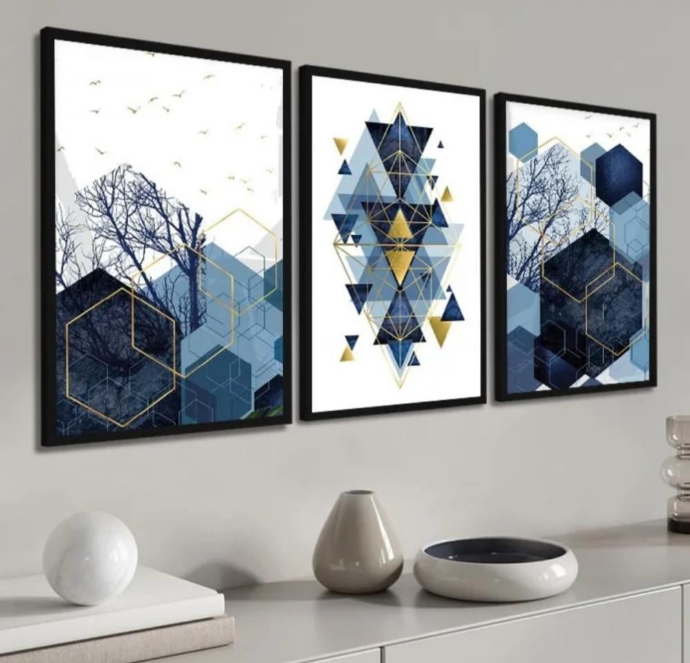 kit 3 quadro decorativo abstrato azul dourado gold luxo decor sal