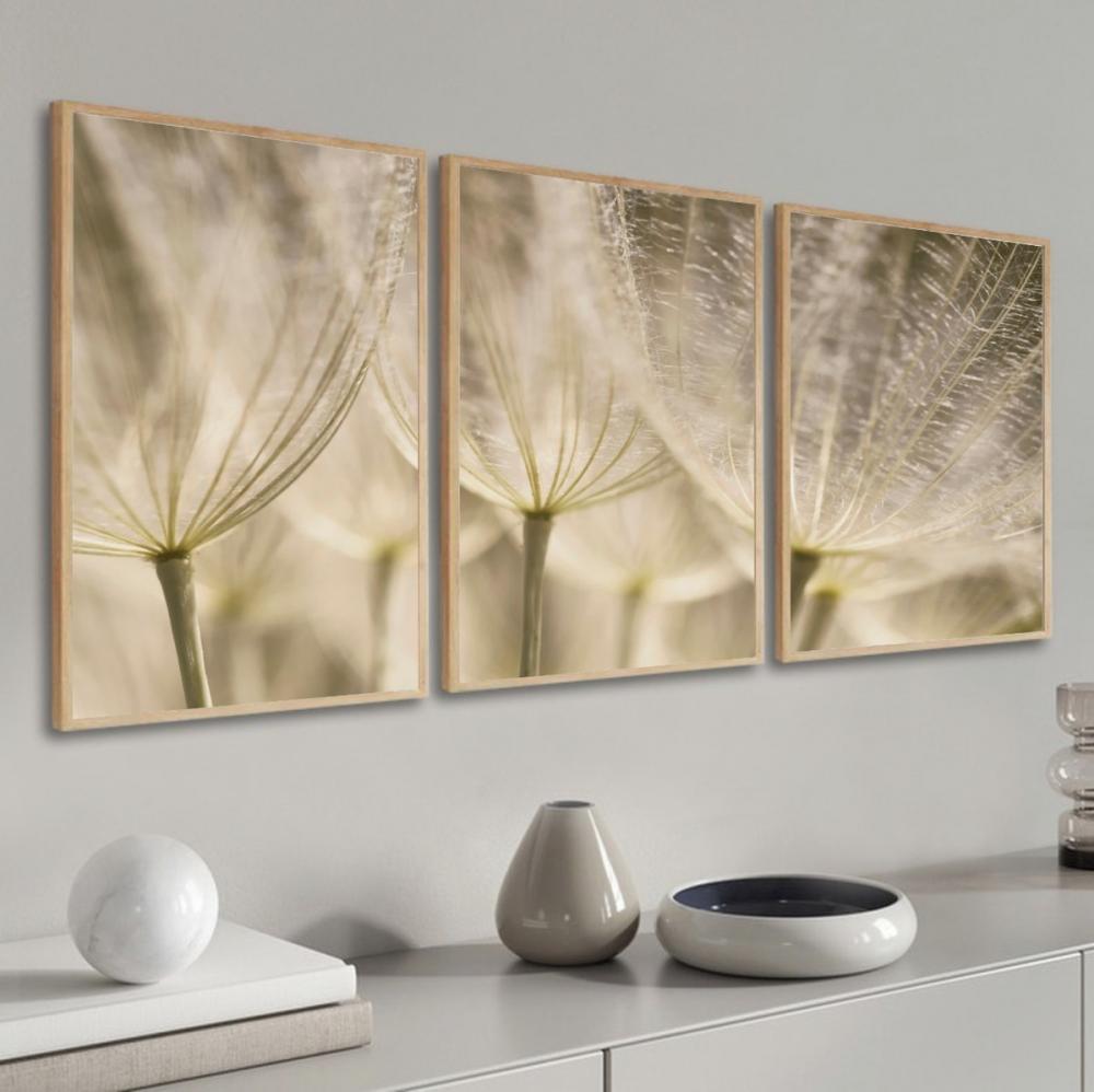 kit 3 quadro decorativo flor dente de leão sala quarto decor pou