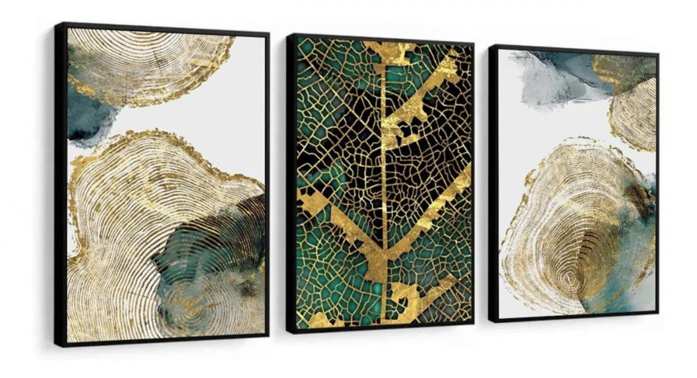kit 3 quadro decorativo abstrato verde dourado gold sala quarto d
