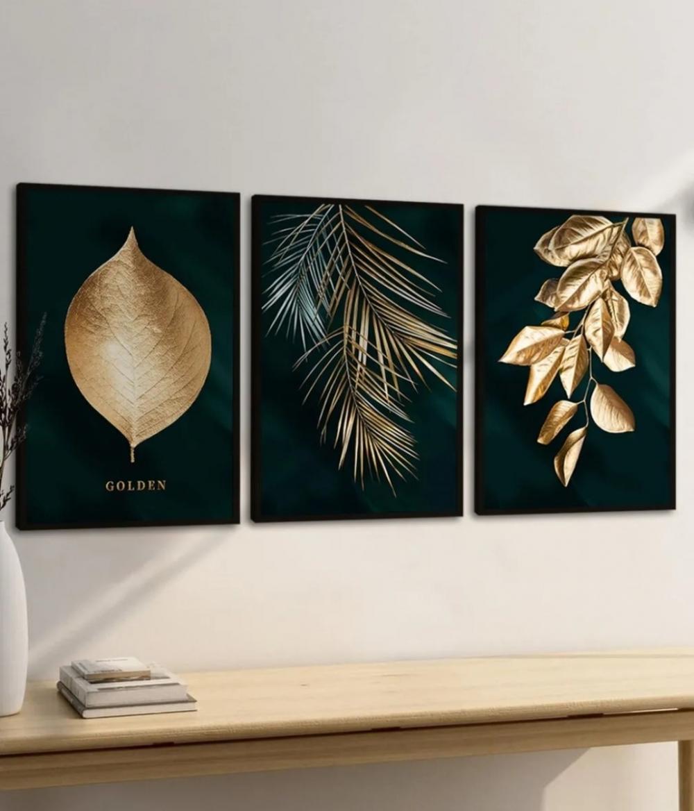 kit 3 quadro decorativo  folhas douradas folhagem dourada galhos 