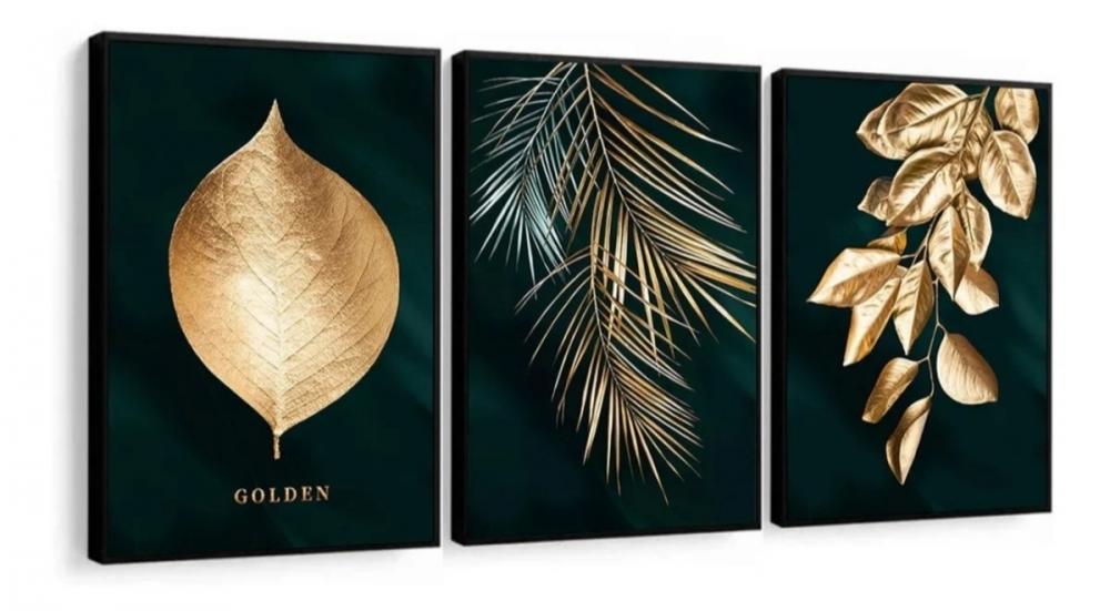 kit 3 quadro decorativo  folhas douradas folhagem dourada galhos 