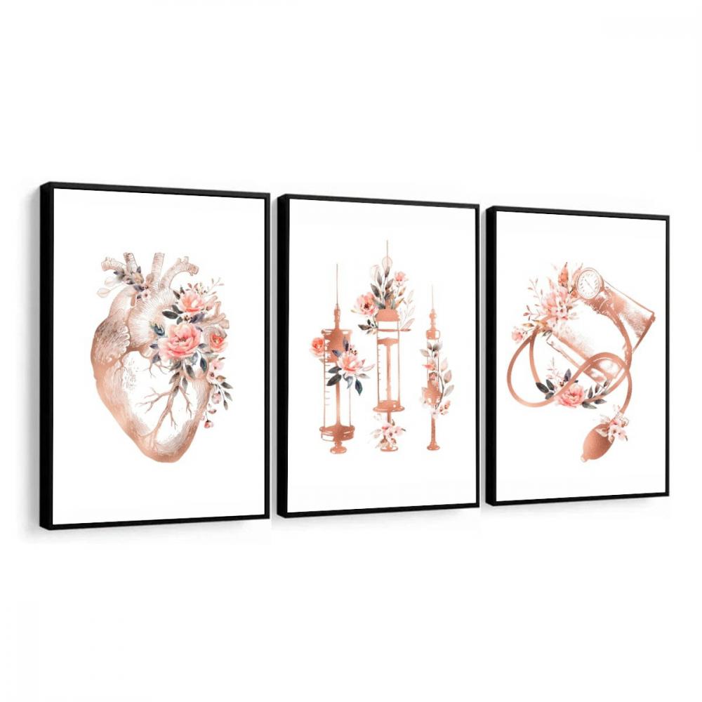 kit 3 quadro decorativo anatomia humana flores medicina médicos 