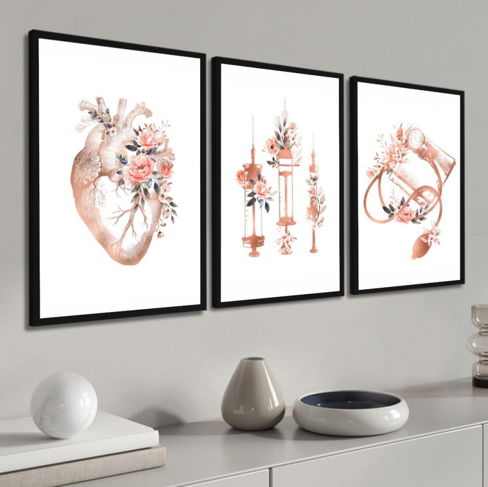 kit 3 quadro decorativo anatomia humana flores medicina médicos 