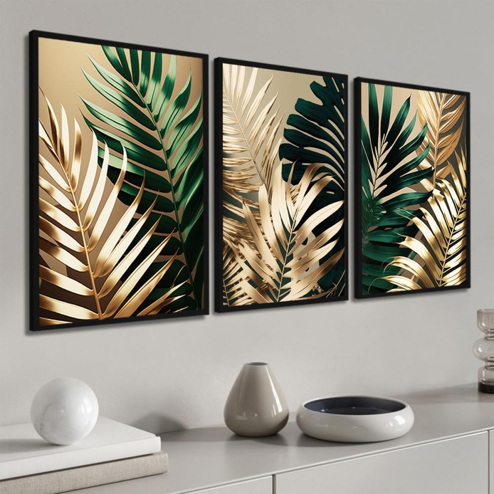 kit 3 quadro decorativo  folhas douradas folhagem dourada galhos 