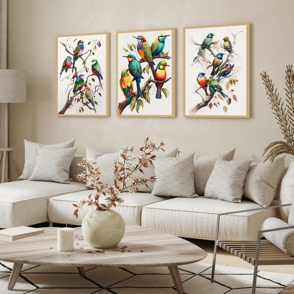 kit 3 quadro decorativo passarinhos galhos pássaros sala decor c