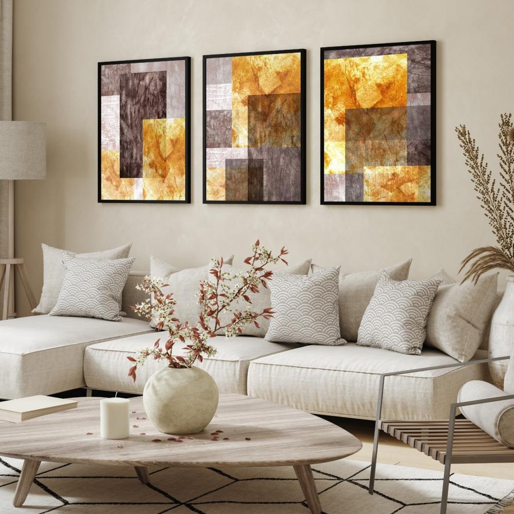 kit 3 quadro decorativo abstrato laranja cinza gold luxo decor sa
