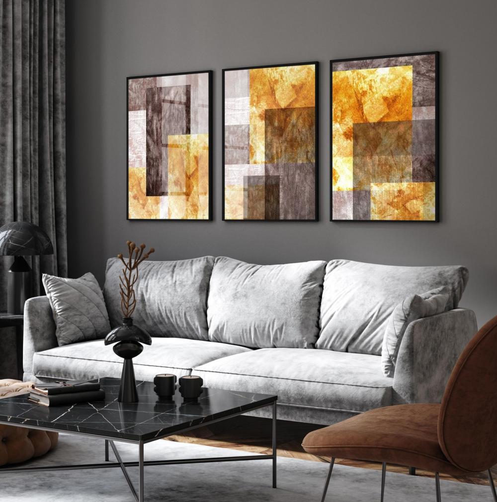 kit 3 quadro decorativo abstrato laranja cinza gold luxo decor sa