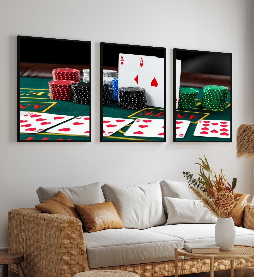 kit 3 quadro decorativo xadrez cartas baralho jogo de sinuca taco