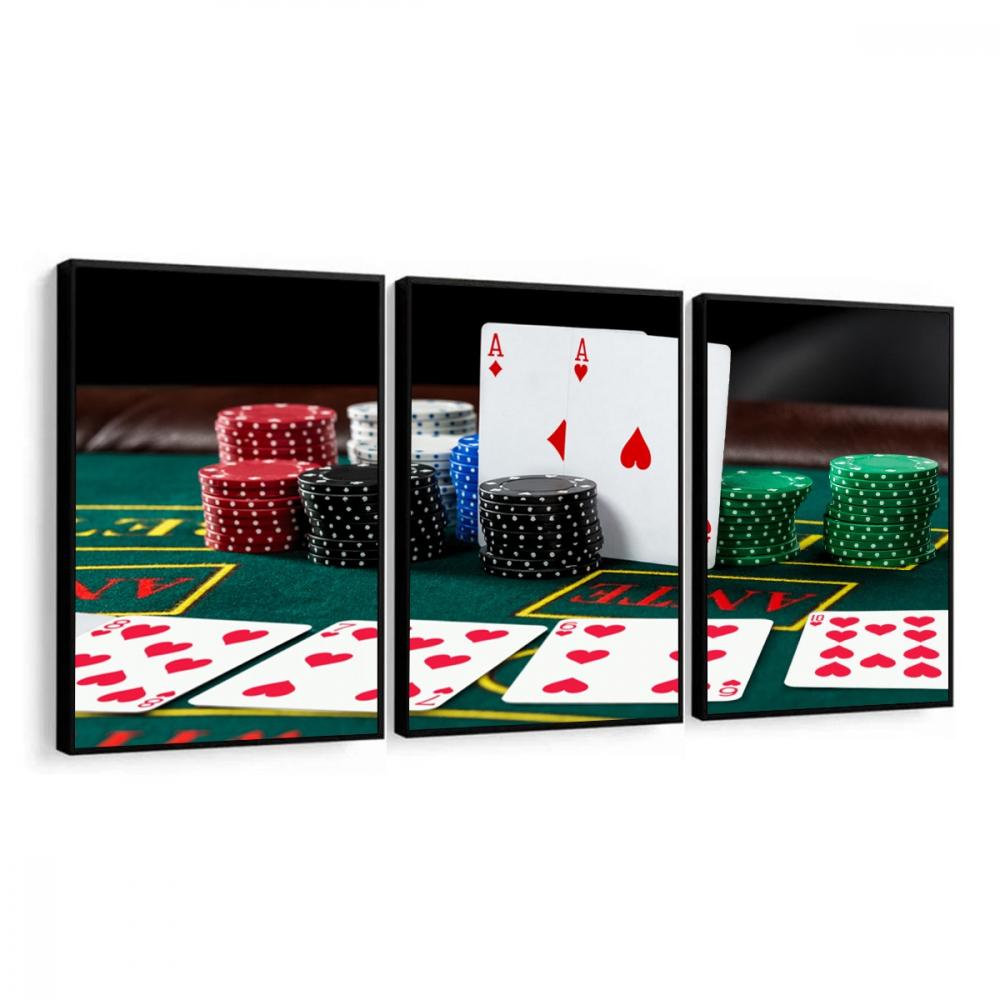 kit 3 quadro decorativo xadrez cartas baralho jogo de sinuca taco