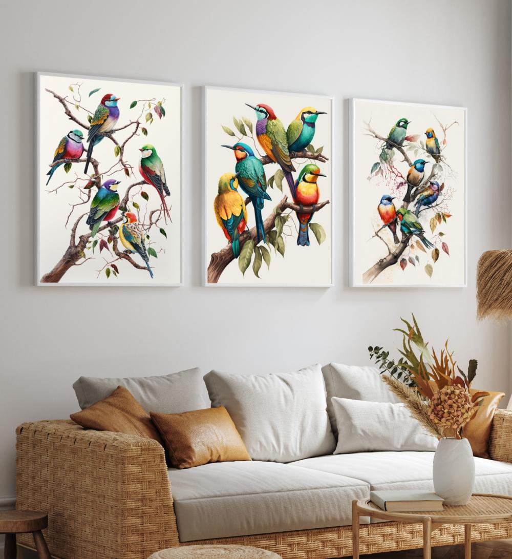 kit 3 quadros decorativos pássaros passarinhos galhos natureza a