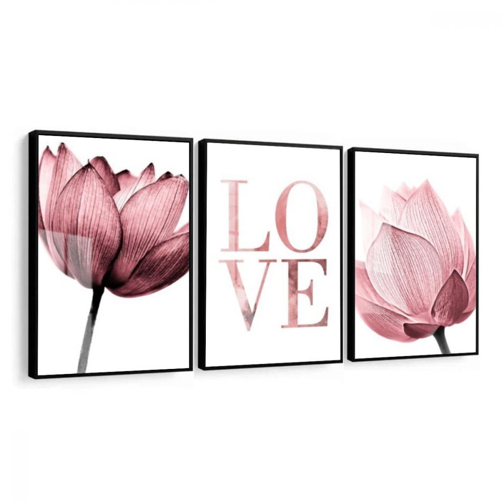 kit 3 quadro decorativo flores rosa love claro galhos decor casa 
