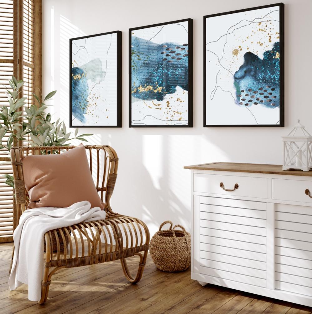 kit 3 quadro decorativo abstrato azul dourado gold luxo decor sal