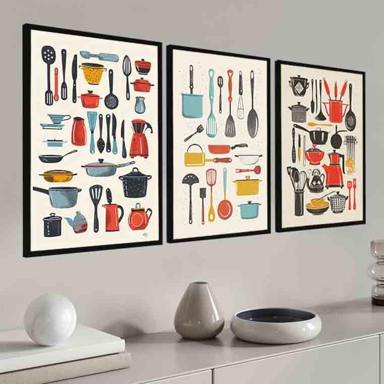 kit 3 quadro decorativo para cozinha talheres temperos de comida 