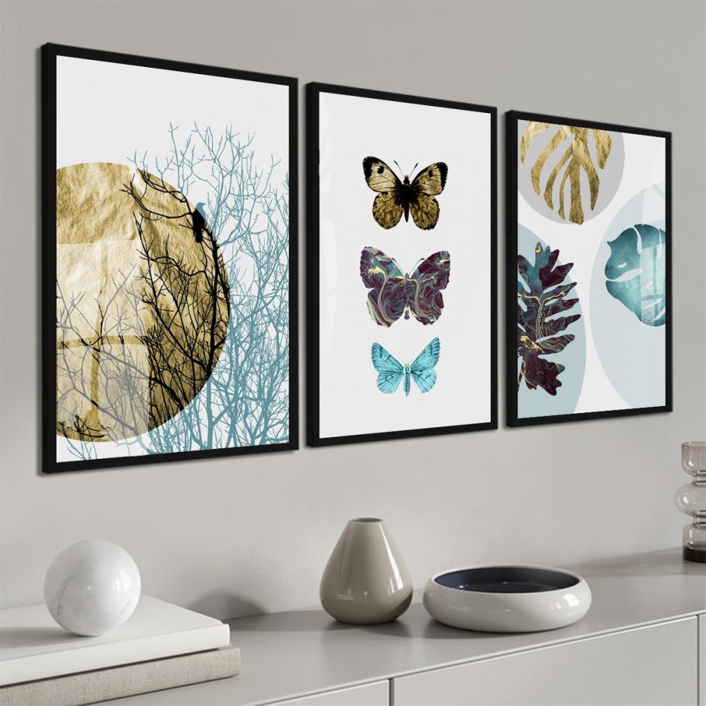 kit 3 quadro decorativo abstrato azul dourado gold borboletas lux