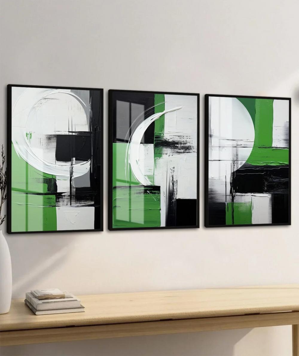 kit 3 quadro decorativo abstrato verde dourado gold sala quarto d