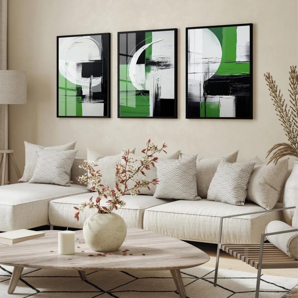kit 3 quadro decorativo abstrato verde dourado gold sala quarto d