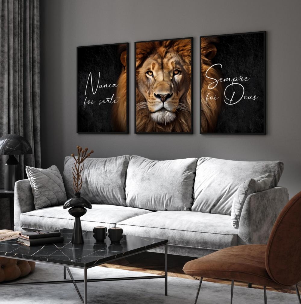 kit 3 quadro decorativo leão marrom deus leão de juda frase nun