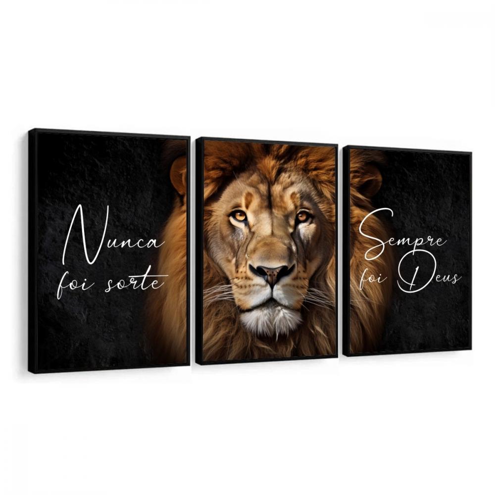 kit 3 quadro decorativo leão marrom deus leão de juda frase nun