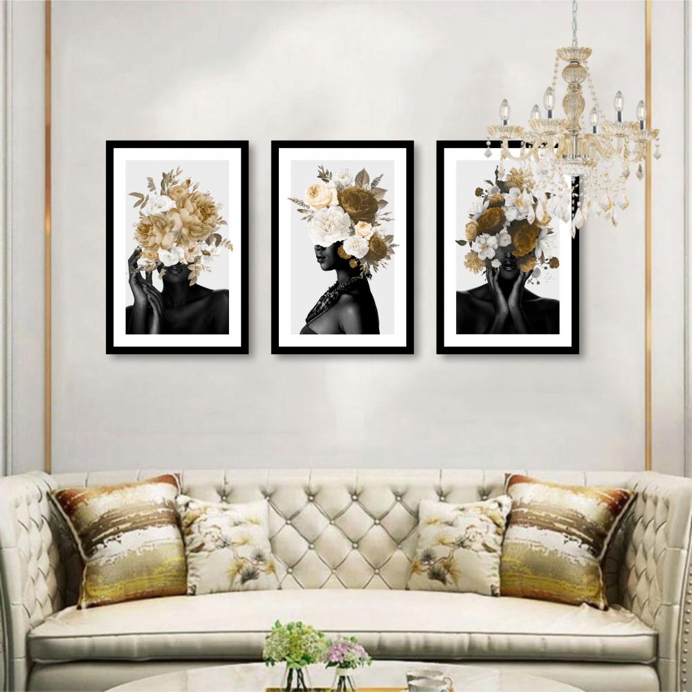 kit 3 quadro decorativo mulheres floridas flores fashion decor sa