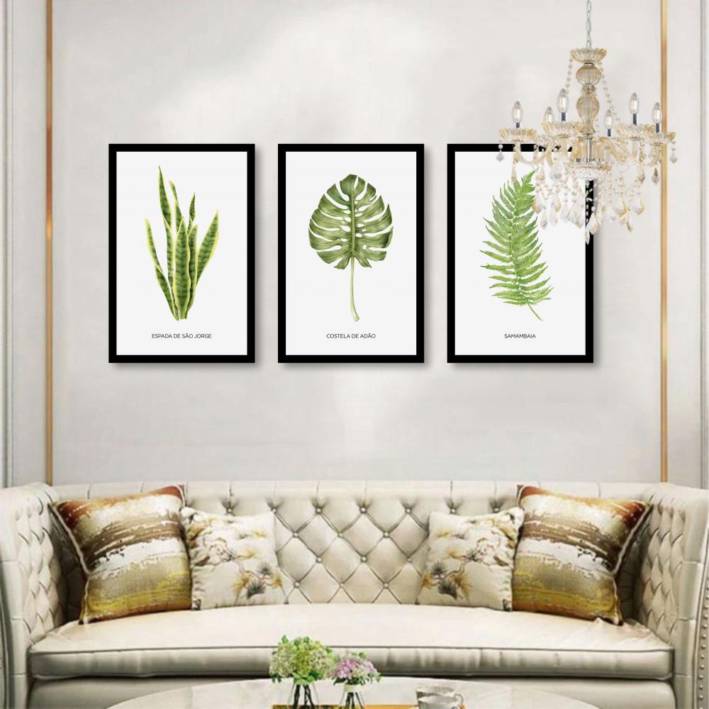 kit 3 quadro decorativo folhas verdes galhos verdes costela de ad