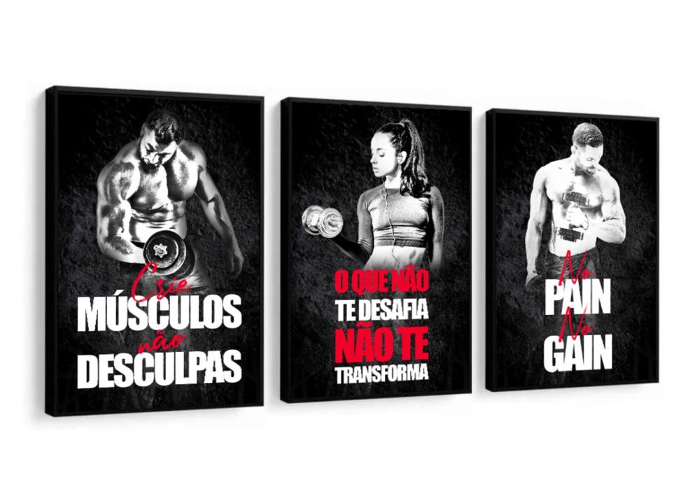 kit 3 quadro decorativo academia exercicio físico treino homens 