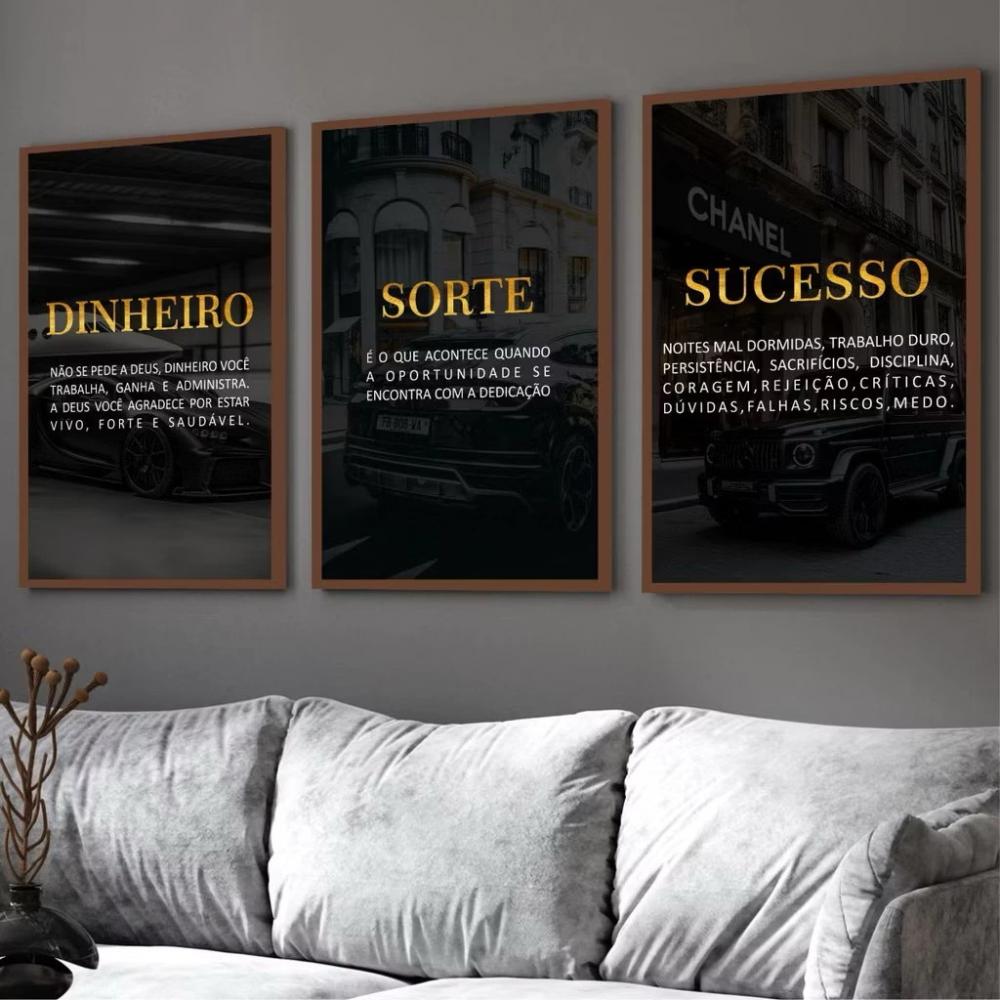 kit 3 quadro para empresa sucesso vendas empresário sorte dinhei