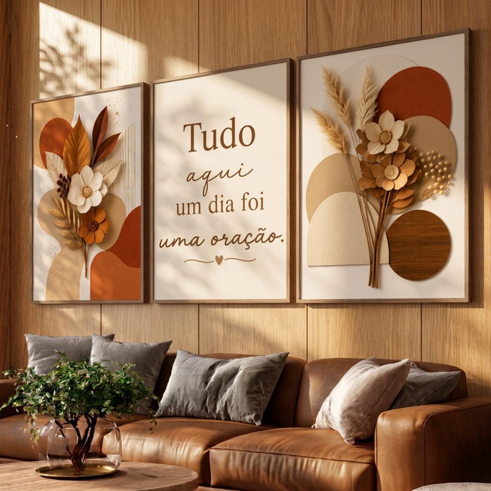 kit 3 quadro decorativo frase positiva abstrato terracota tons te